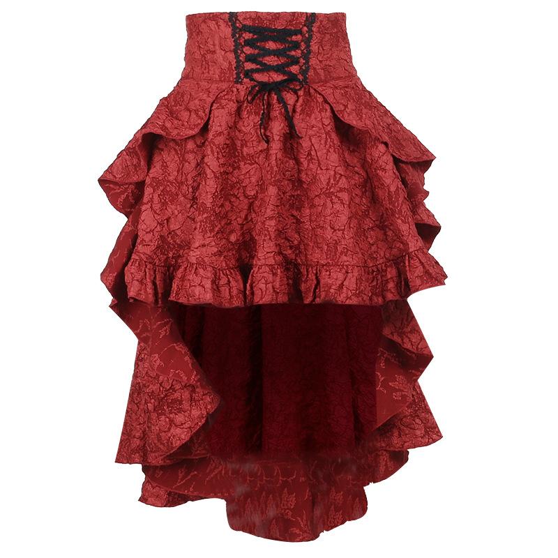 Damen Lolita-Stil Hohe Taille Geraffte Taille Schlepprock Jacquard Bandage Rock Rot Kurzrock
