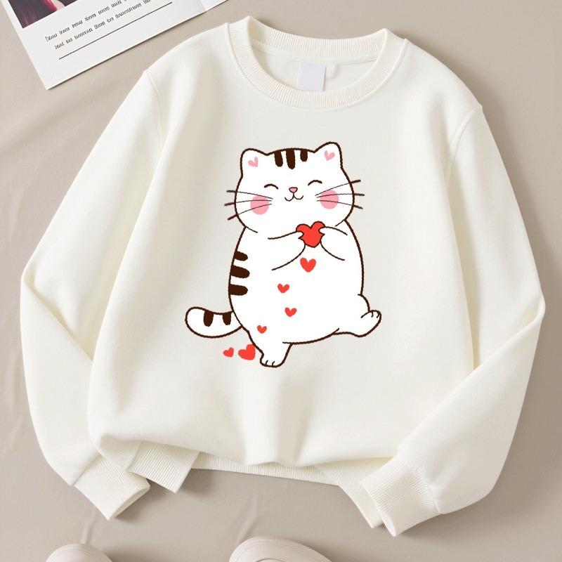 Kids Crewneck Long Sleeve Sweatshirt,Cute Cartoon White Kitten Holding Hearts Graphic Print