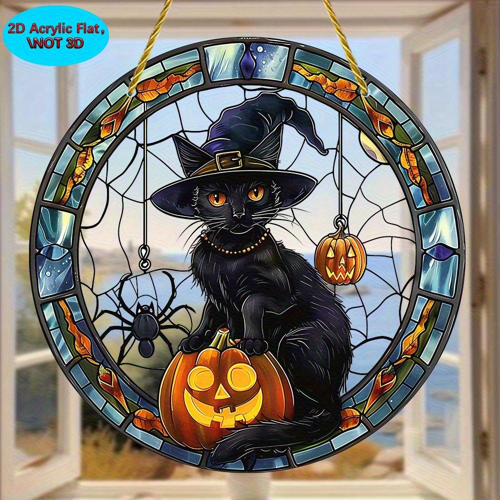 2D Flat Halloween Black Cat Acrylic Dream Catcher Pendant - Stained Glass Style Decorative Plate with Pumpkin and Spider Elements