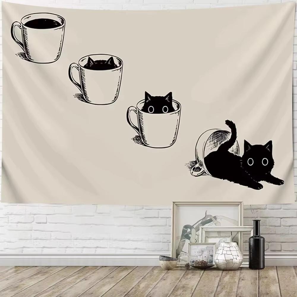 Cozy Cat Printed Wall Hanging  Cute Black Cat Peeking Out of Teacup Design Unique Decor for Bedroom  Living Room