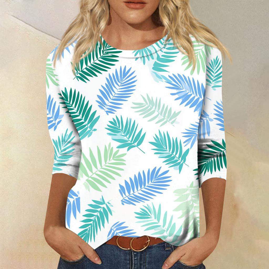Women's Fashionable Casual Round Neck Three-quarter Sleeve Hawaiian Print T-shirt Top
