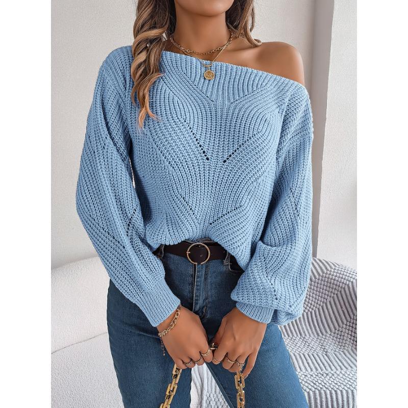 Women's Autumn/winter Casual Cut-out One-line Neck Off-shoulder Lantern Sleeve Sweater