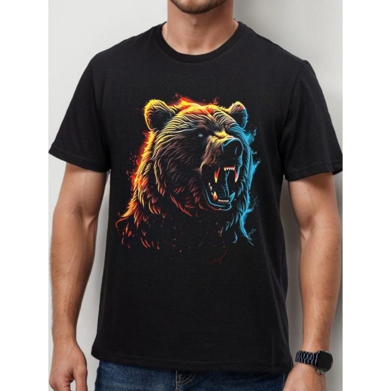 Summer Men's Short-Sleeve T-Shirt Brown Bear Landscape Pattern Print Lightweight Durable Hiking Casual Attire Casual Man Clothes