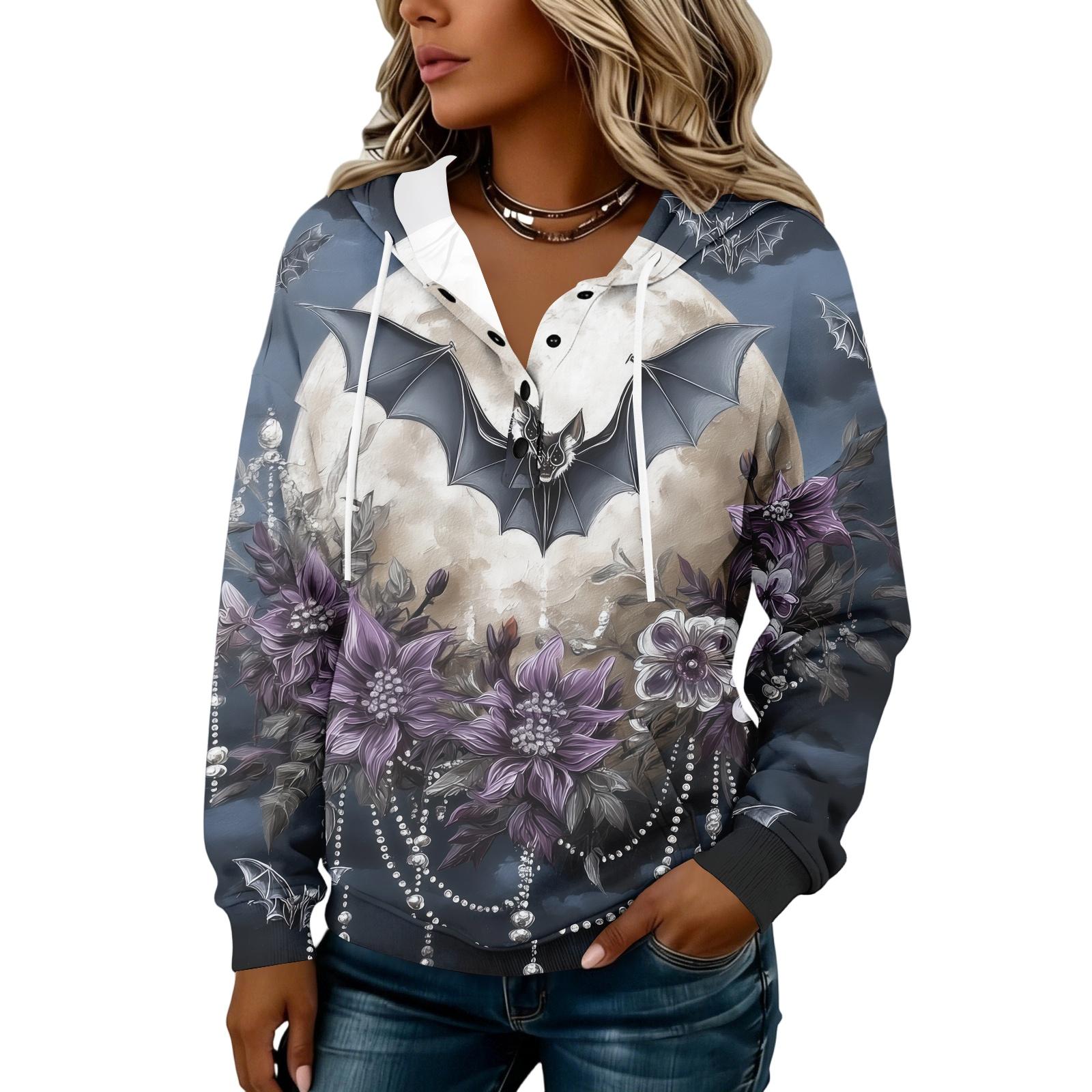 Women s Fashion Button Front Hoodie with Halloween Print Pullover Sweatshirt for Casual Everyday Wear XXL