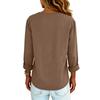 Ladies' Color Retro Shirt Casual Loose V-neck Long Sleeved Slit Cotton Linen Shirt