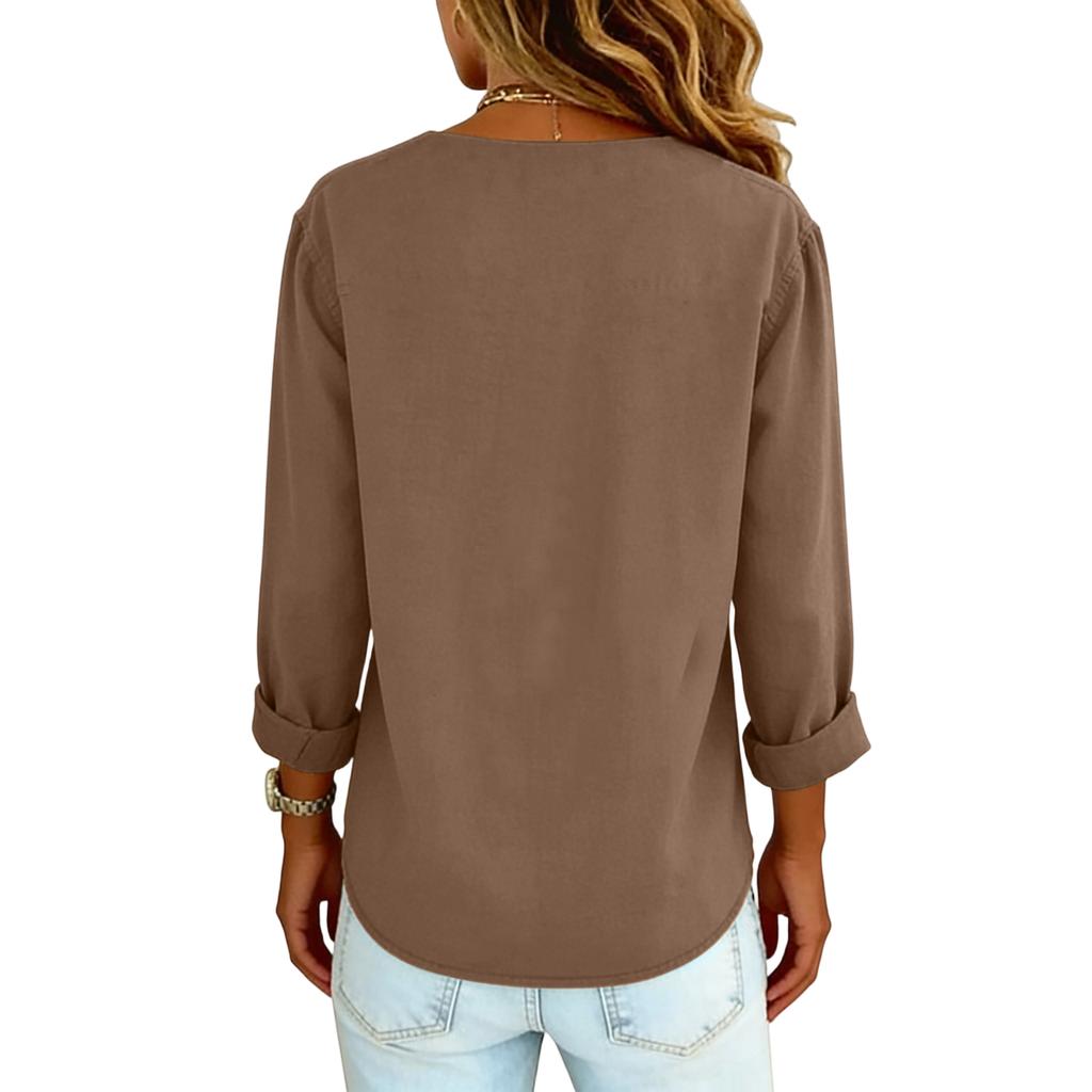 Ladies' Color Retro Shirt Casual Loose V-neck Long Sleeved Slit Cotton Linen Shirt