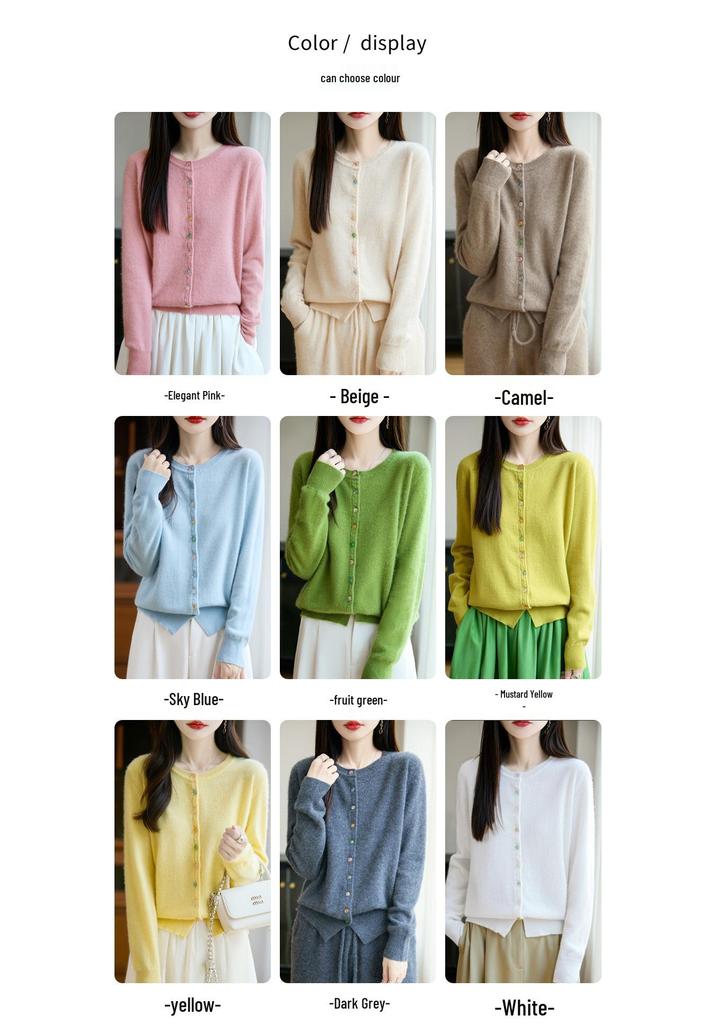 Women's Luxury Pure Wool Cardigan - Thick, Round Neck, Crystal Buttons, Autumn/Winter Style