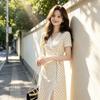 Elegant Temperament, Turbulent Point, Cross Strap, Short-sleeved V-neck Dress, Women's Summer French Waist Slit Medium and Long Dress