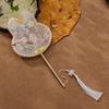 Embroidery Fan Long Handle Handheld Chinese Style Pearl Embellished Fan Rabbit Shaped with Tassel Hanfu Decorative Fan
