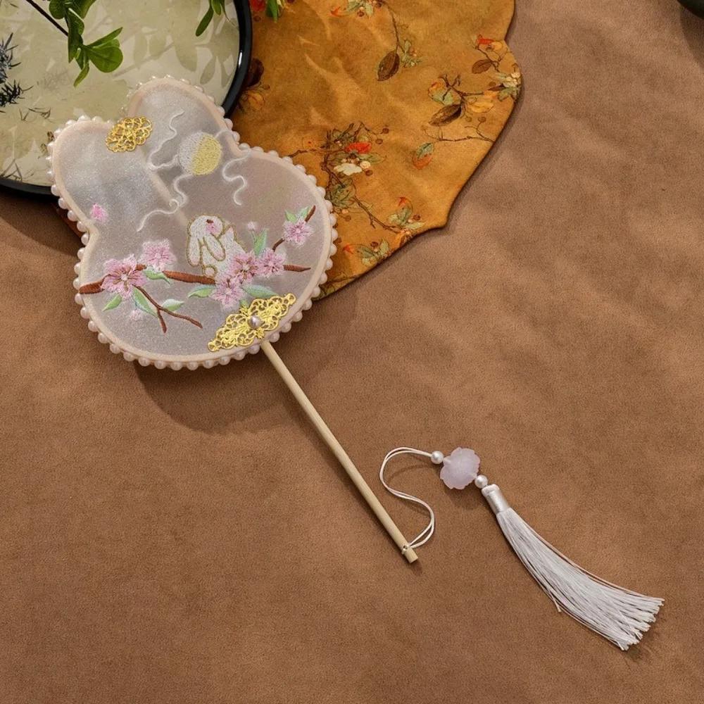 Embroidery Fan Long Handle Handheld Chinese Style Pearl Embellished Fan Rabbit Shaped with Tassel Hanfu Decorative Fan
