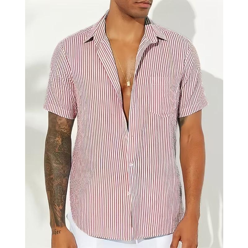 Simple and Fashionable Striped Casual Men’s Short Sleeved Shirt