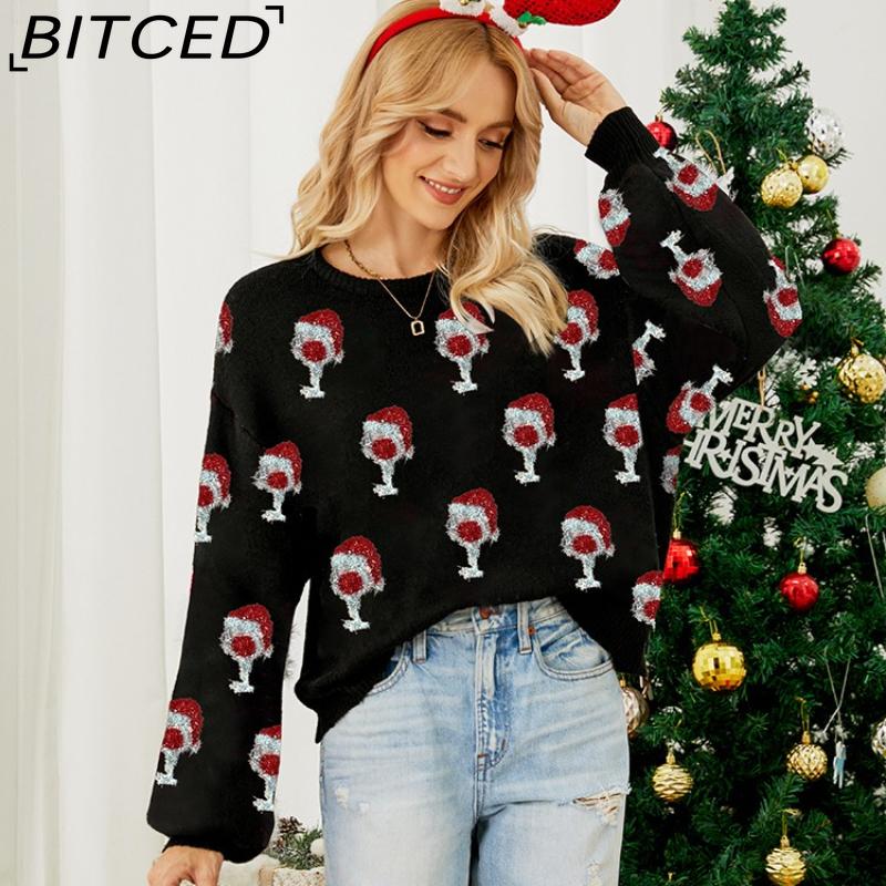BITCED Fall/Winter Women's Pink Bubble Sleeve Pullover Christmas Sweater