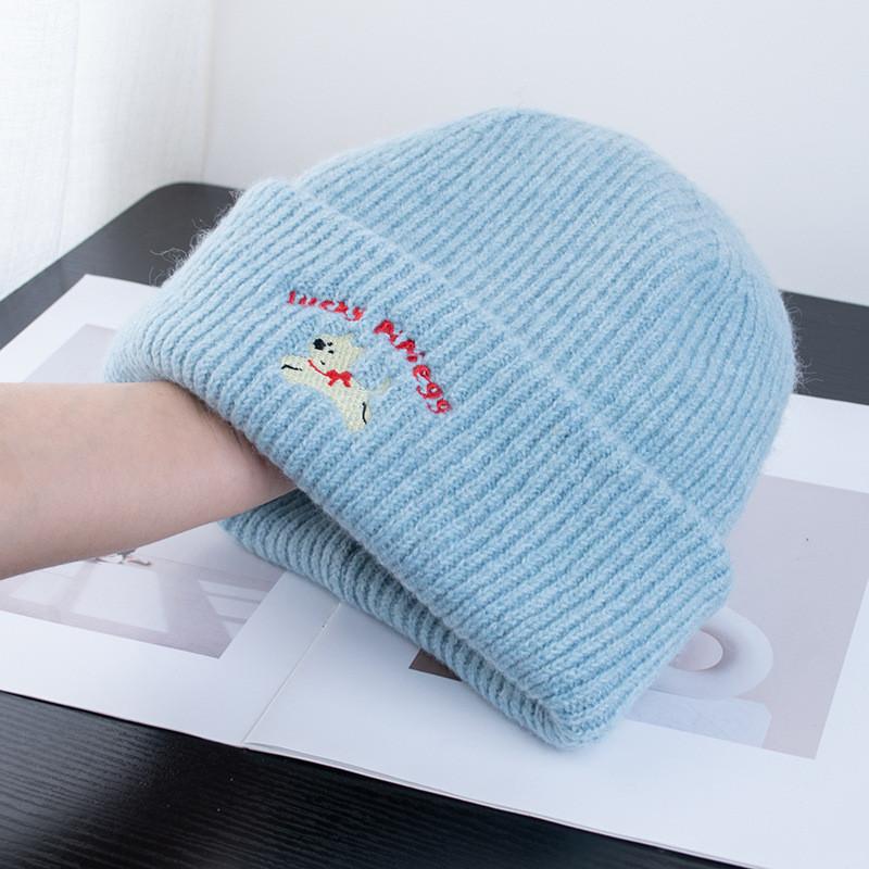 Knit Hat With Embroidered Dog And Alphabet Letters For Winter Warmth And Casual Style