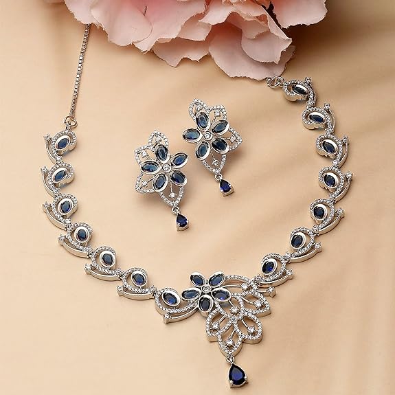 Rhodium-Plated American Diamond Studded Floral & Paisley Shaped Necklace With Earrings Jewellery Set For Girls and Women