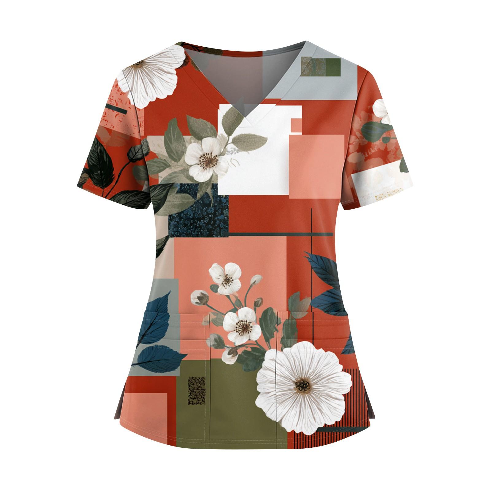 

Ladies Fashionable Floral Print V-neck Double Pocket Short Sleeved Shirt With Slit Hem And Protective Worker s Top XL Кіновар