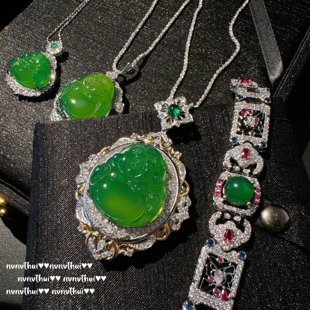 Brazilian Chalcedony Buddha Male Petal Gemstone Necklace, New Chinese Style, Silk Chisel Chalcedony Green Chalcedony Zircon Bracelet Set