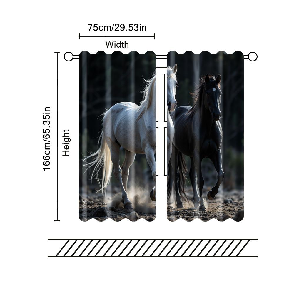 2 Pcs   Filtering Curtains (excluding Rods   Non-movable   Without Batteries) Elegant Black and White Horse for Use In Bedrooms and