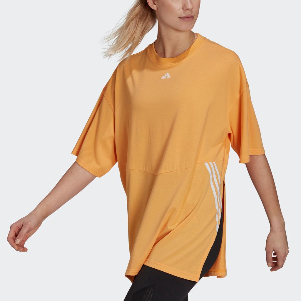Adidas Oversized Striped Print Tee With Round Neck And Short Sleeves Women Tops Orange H65062