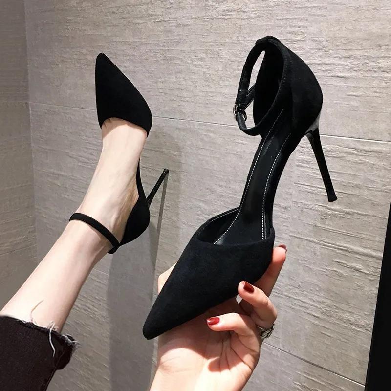 Spring and Autumn High Heel Women 2025 New Versatile Thin Heel Professional L Pointed Black Buckle Strap Single Shoe Women