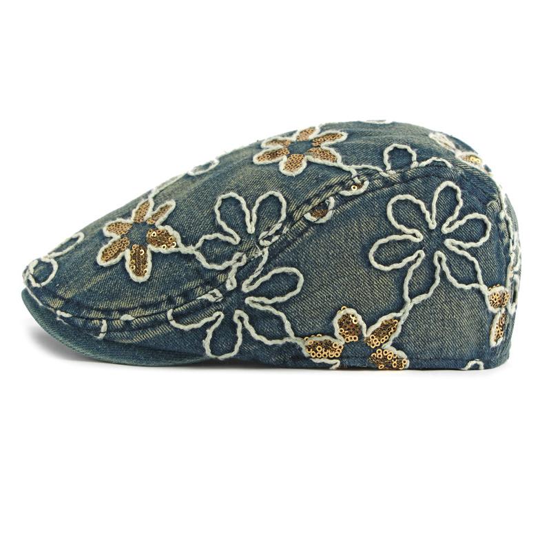 Denim Pailletten Blume Baskenmütze Damen Britisch Vintage Schirmmütze Bemalte Mütze