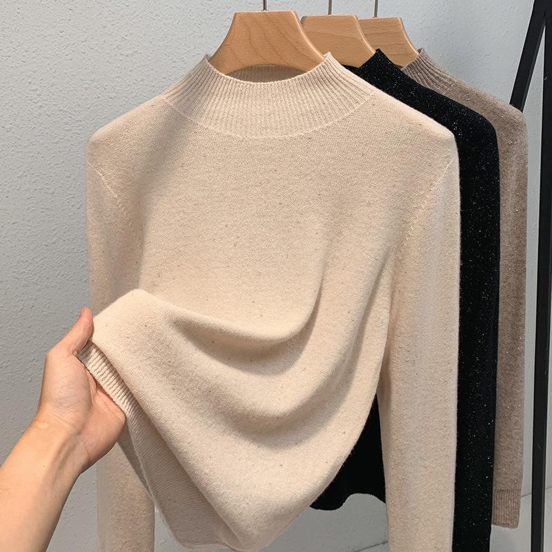 Knitted Sweater Women s New Women s Clothing Semi-turtleneck Pullover Warm Inside with Solid Color Waist Top S