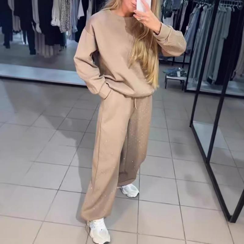 Women's Pants Suit Autumn Winter New O-neck Diamond Long-sleeved Tops Drawstring Sweatpants Fashionable Ladies 2-piece Sets