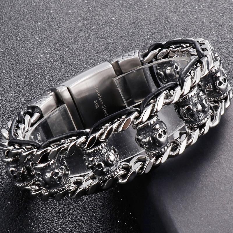 Bransoletka z gotyckiej czaszki dla mężczyzn ze stali nierdzewnej 316L, męskie bransoletki z ogniwami, punkrockowa skórzana bransoletka na rękę