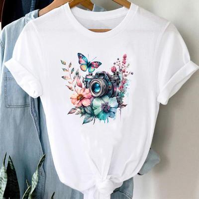 (Ασιατικό μέγεθος) Φωτογραφική μηχανή Butterfly Flower Χαριτωμένο μπλουζάκι με κοντομάνικο κορυφαίο μπλουζάκι μόδας Γυναικεία ρούχα Casual print Γυναικεία γραφικά μπλουζάκια