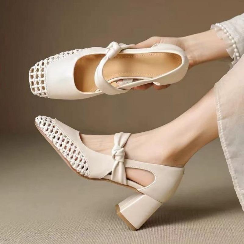 Fashion Beautiful 2025 Summer Block Heel Woven Hollow-out Baotou Sandals