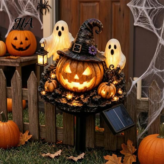 Illuminated Wizard Hat Pumpkin Solar Halloween Garden Stake Light, Waterproof LED Yard Decoration with Ground Plugs And Ghost, Outdoor Walkway