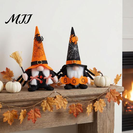 Plush Faceless Dwarf Ornaments Halloween Gnome Decoration, Spooky Orange Black Spider Web Boo Swedish Tomte Party Table Centerpieces Elf Figurine,