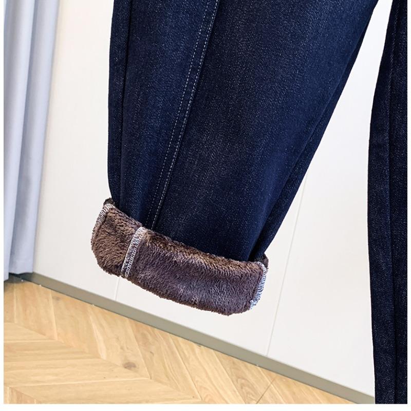 DIMANAF 2025 Outono Inverno Jeans Tamanho Grande Espessos com Forro Novo Mulheres Azul Vintage Algodão Denim Calças Compridas