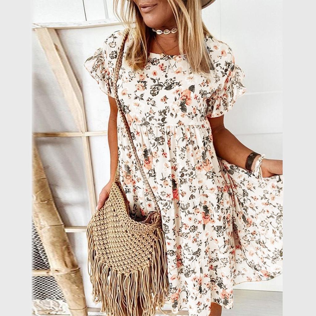 Women's Casual Loose Flowers Print All-match Short Sleeve Dress