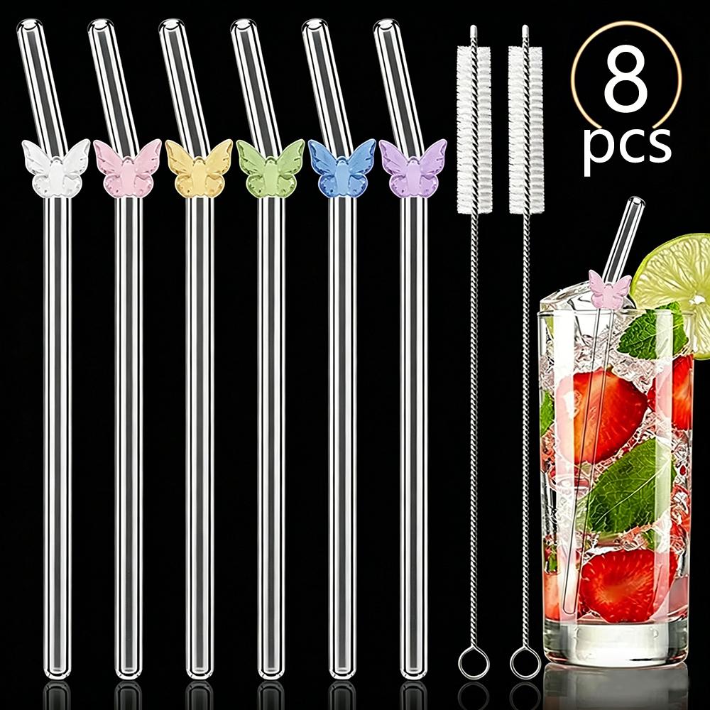 8 Stück Glasstrohhalme mit Schmetterlingsdesign und Bürste 200*8mm Wiederverwendbares Trinkhalm-Set Milchshakes Cocktail Kaffee-Strohhalme Haushalts-Bar-Zubehör