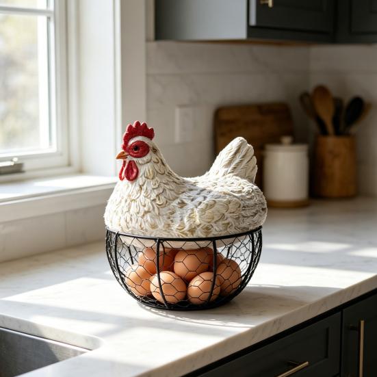 Hen Storage Basket Black Metal Mesh Anti-Rust Egg Holder Decorative Durable Farmhouse Egg Basket for Kitchen Dining