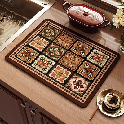 Vintage-Style Dining Table Mat: Luxe Home Decor, Heat-Resistant, Absorbent, Quick-Drying Countertop Mat, Kitchen Diatomaceous Earth Drainage Mat