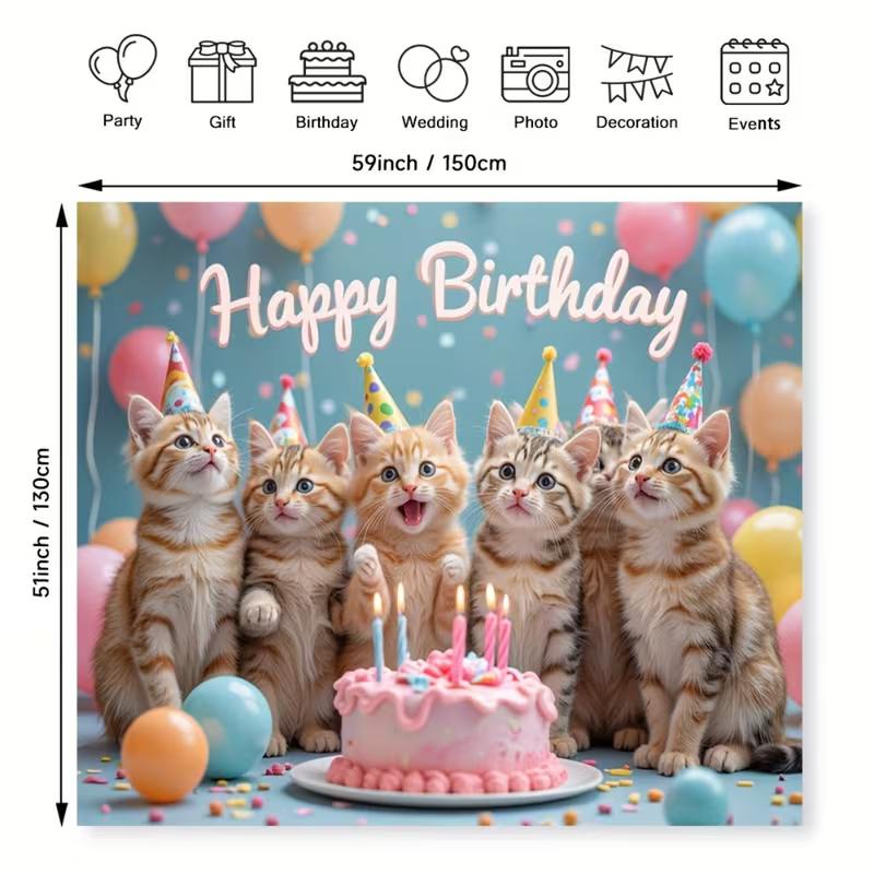 Tela de Fondo 2D Feliz Cumpleaños Gatitos, Fondo Azul para Fiesta para Vlog y Transmisión en Vivo
