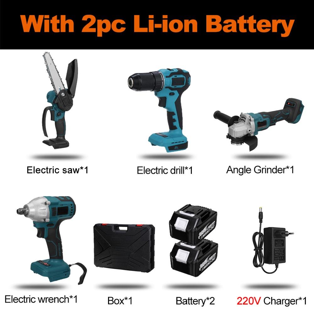 

Набор электроинструментов Угловая шлифмашина Аккумуляторная цепная пила 125мм Электрический ударный гайковерт Электрическая дрель Отвертка Для аккумулятора 18В 4в1 2*Batteries