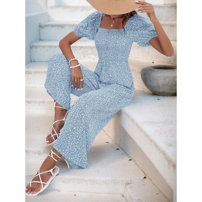 VEZFAA Women's Fashion Casual Summer Spring Short Sleeve Square Collar High Waist Trousers Jumpsuits & Rompers