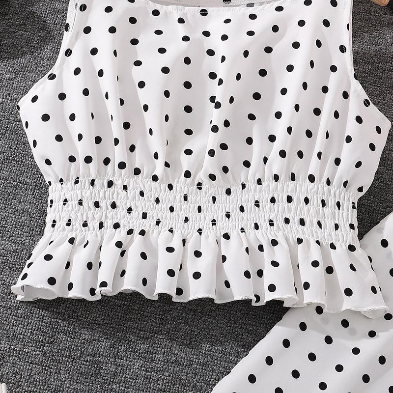 Children's Fashion Polka Dot Print Bow Halter Top Wide-leg Pants Set Autumn Girls' Sweet Set