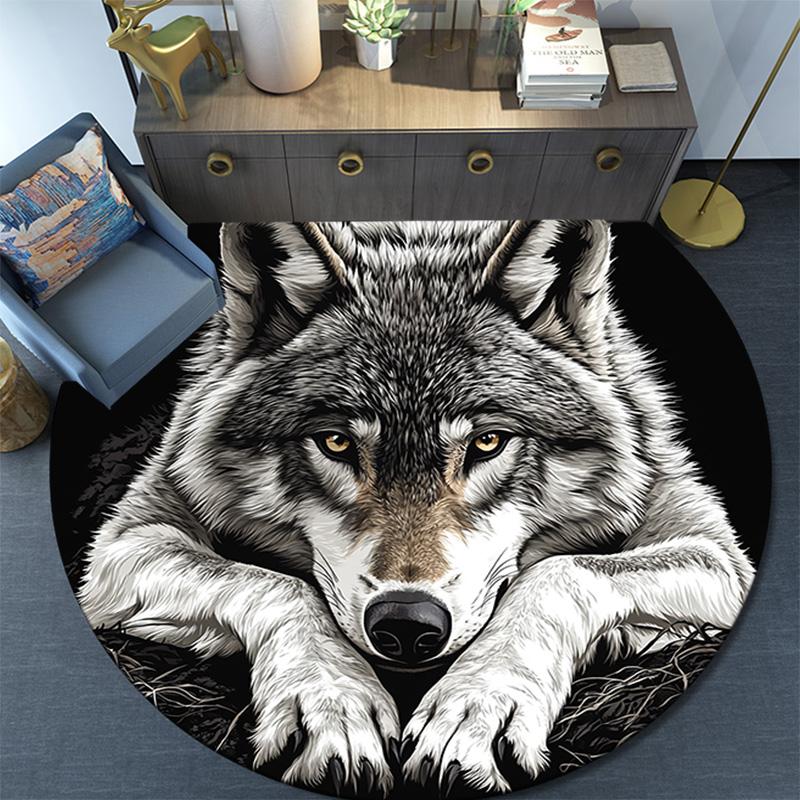 Gray Wolf Round Area Rug,Carpet Rug for Living Room Bedroom Sofa Playroom Decor,Non-slip Floor Mat