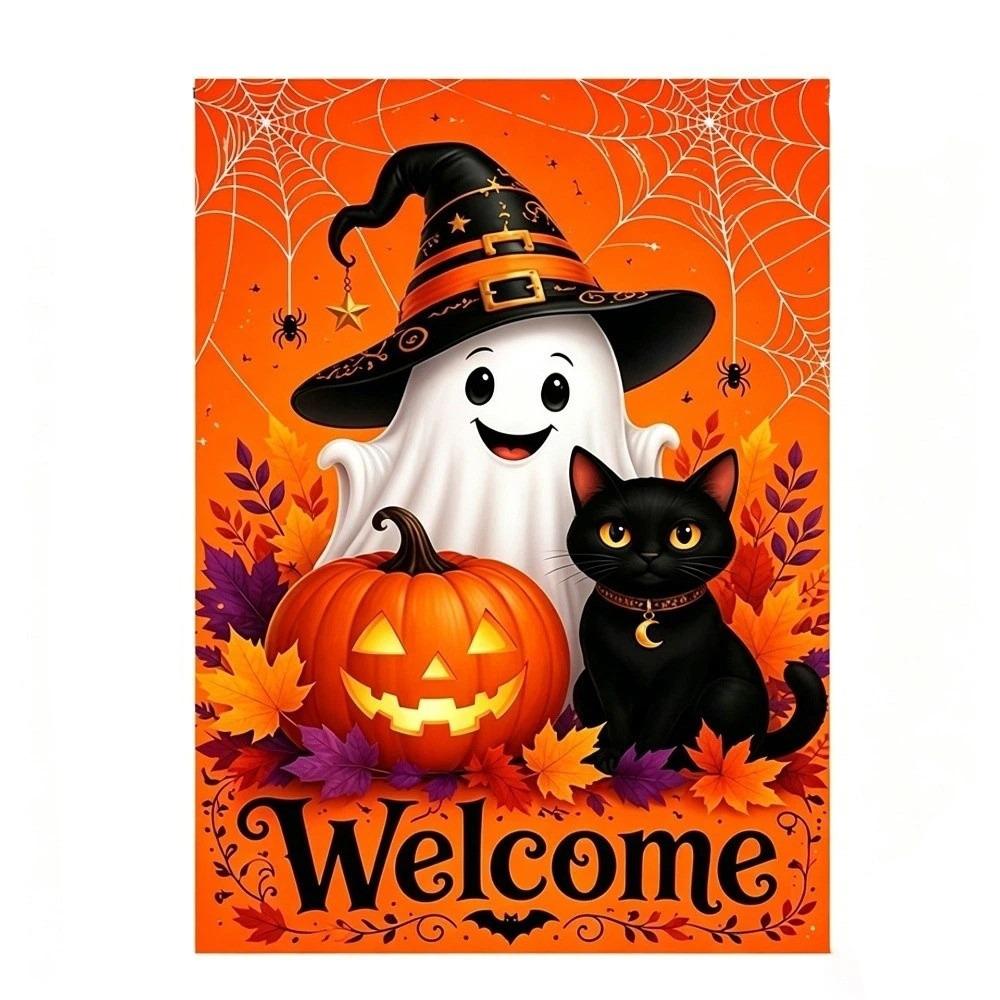 Ghost Welcome Garden Flag Witch Cat Background Cloth Garden Art Halloween Flag Outdoor