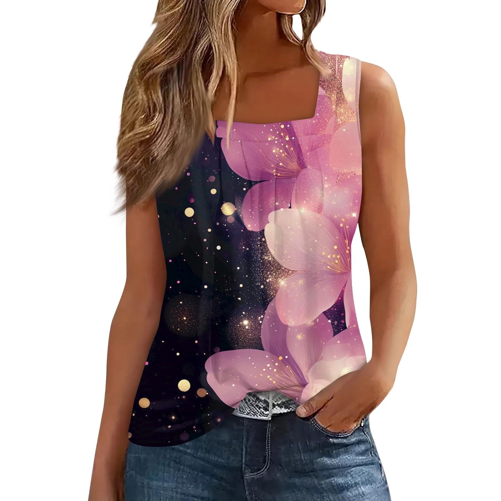 

Женская плиссированная футболка без рукавов с квадратным воротником и принтом XL