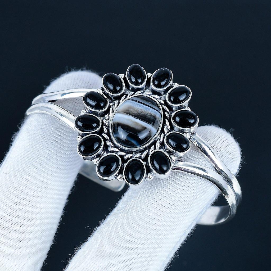 Natural Banded Agate Gemstone Handmade Cuff Bangle 925 Sterling Silver Cuff Bangle, Black Onyx Flower Shape Bracelet For Wife, Unisex Bangle