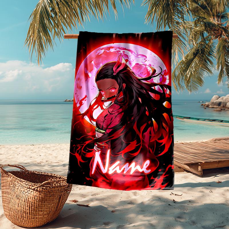 Custom Name Ultra-Soft Beach Towel with Demon Slayer Theme,Ideal for Pool - Camping, Diving - Perfect Travel Essential, Vibrant Beach Towel.