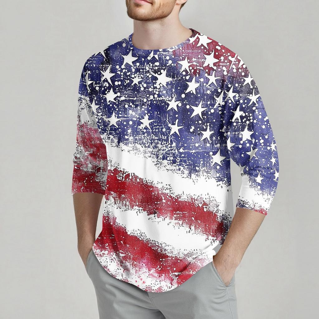 Men's Fashion Casual Independence Day Print Neck Seven-point Sleeve Top T-shirt