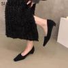 Fashion SUOJIALUN Spring New Brand Women Square Low Heel Pumps Shoes Fashion Shallow Slip On Ladies Boat Shoes Outdoor Dress Single Shoe