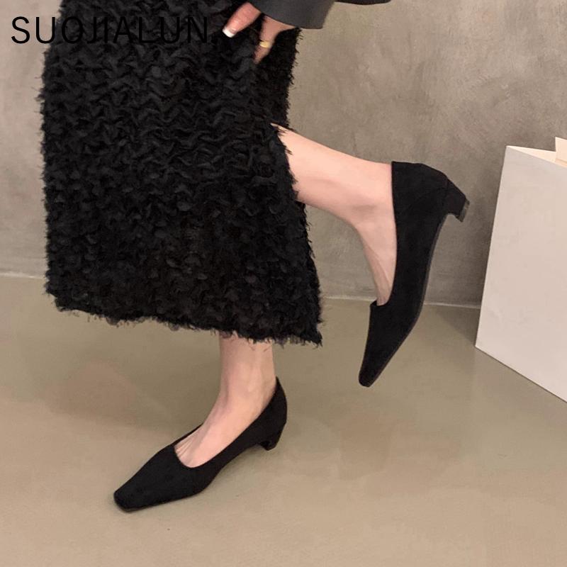 Fashion SUOJIALUN Spring New Brand Women Square Low Heel Pumps Shoes Fashion Shallow Slip On Ladies Boat Shoes Outdoor Dress Single Shoe