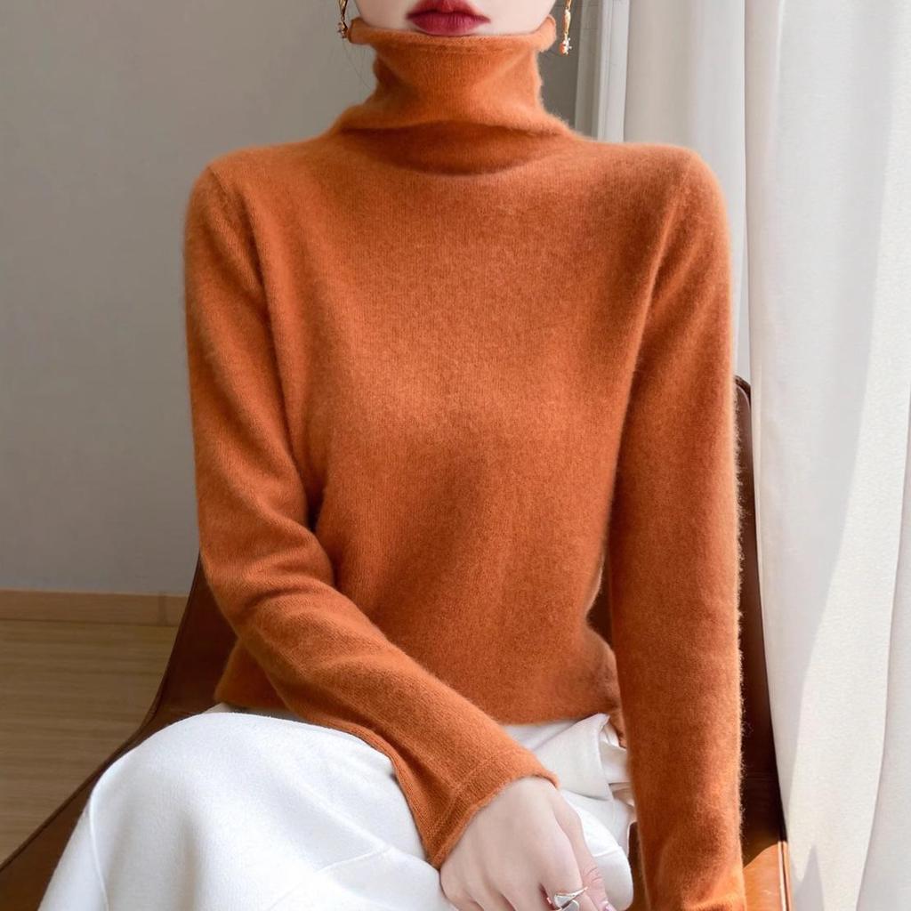 Women's Pure Wool Rolled Hem High Neck Sweater - Autumn/Winter Cashmere Knit Base Layer, Versatile & Thick