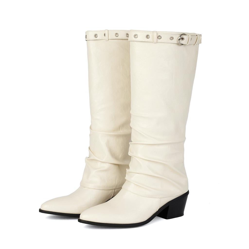 Wrinkled Boots Pile Boots Belt Buckle Rivet Pointed Trousers Boots Thick Midheel Western Boots 40-48 Large Size Boots